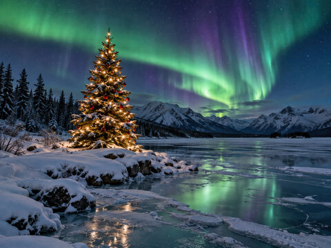 Weihnachtsbaum unter Nordlichtern in Alaska &ndash; Beleuchteter Christbaum am verschneiten Ufer eines gefrorenen Sees unter farbenpr&auml;chtiger Aurora Borealis und Sternenhimmel.