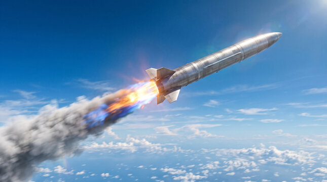 A silver missile launches with bright fiery exhaust against a clear blue sky with scattered clouds, symbolizing power, speed and technological advancement