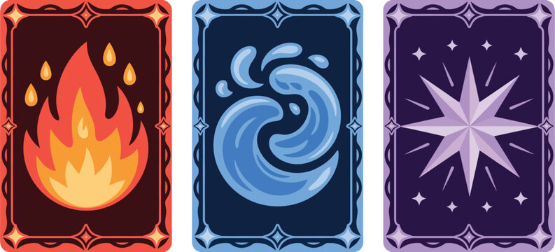 Fantasy magic cards with fire water and star symbols, mystical game designs featuring elemental powers and enchanted motifs vector illustration   