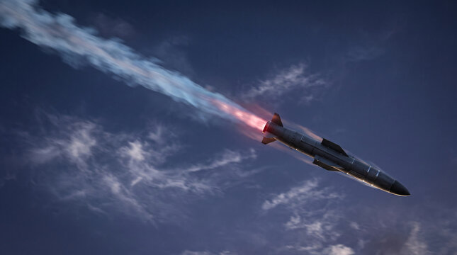 A missile streaks across a dark blue sky, trailing bright orange and blue exhaust, symbolizing power, speed, and advanced technology.