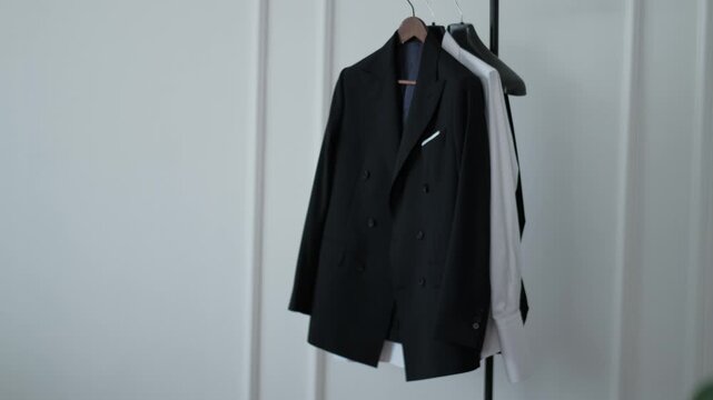 Elegant black double breasted suit jacket and white shirt hanging on a rack in a minimalist white room.