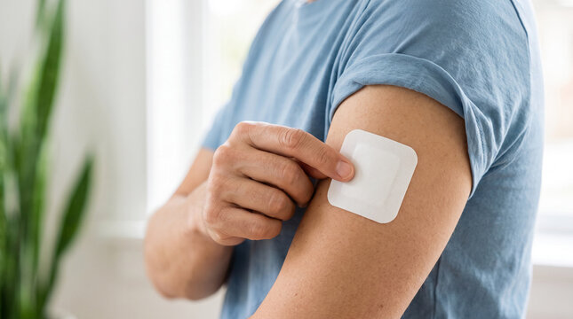 Close-up of a person's arm with a white square patch, symbolizing health, care, or medical treatment, representing personal well-being and preventative measures