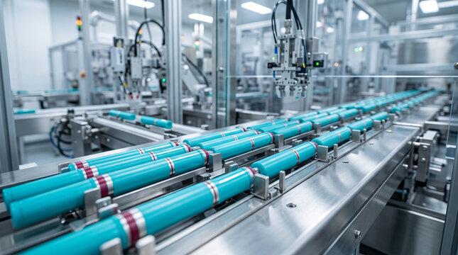 Automated production line with turquoise cylinder components on a conveyor, showcasing industrial efficiency and modern manufacturing process
