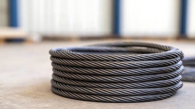 Industrial steel wire rope coil neatly stacked on factory floor, durable metal cable for heavy construction project and mechanical work use