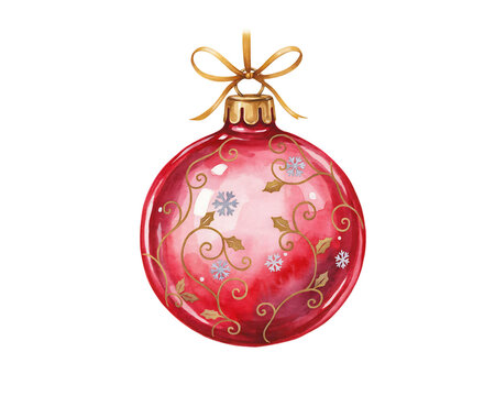 A round red christmas ornament featuring gold swirling vine patterns and small white snowflake accents with a golden bow on isolated on a transparent background