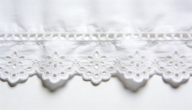 white eyelet lace fabric background, cotton embroidery trim, floral border, vintage textile pattern, delicate needlework, sewing material, decorative craft surface