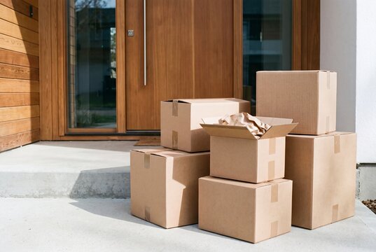 Stack of cardboard delivery boxes and parcels left on front doorstep of modern house entrance