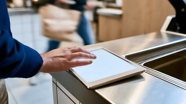Close up of person hand touch digital tablet computer screen for online shopping or menu order in restaurant or grocery supermarket store