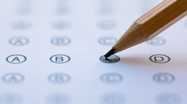 A close up view of a wooden pencil fill bubble answer sheet during school test, exam questionnaire multiple choice format academic study