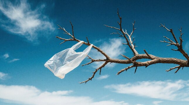 White plastic bag hangs on dry dead tree branch. Single piece of trash stuck to barren wood against bright blue sky with clouds. Environmental pollution concept shows waste in nature. Ecology problem