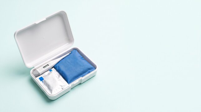 Healthcare: Portable travel medicine kit with thermometer and cold pack for emergency preparedness