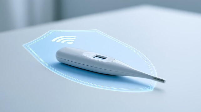 Digital thermometer with wireless shield icon on light surface, concept of smart health care monitoring, disease prevention, and wellness