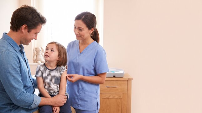 Pediatrics: Nurse applies bandage as father comforts anxious child at clinic