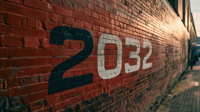 A painted mural with the number 2032 stands on a brick warehouse wall in an urban area during the afternoon light.
