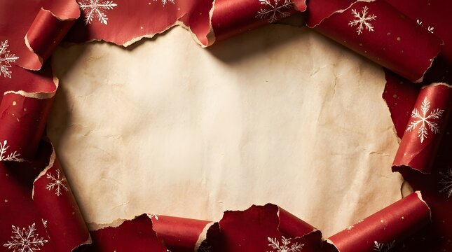 Red christmas wrapping paper torn open revealing a blank beige background