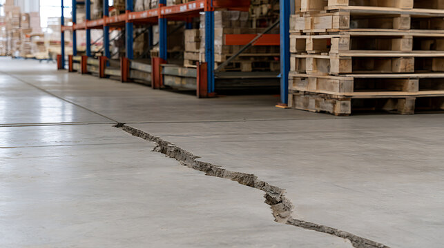 Large warehouse interior feature a wide and deep crack in the industrial concrete floor with wooden pallets and storage racks on the bac