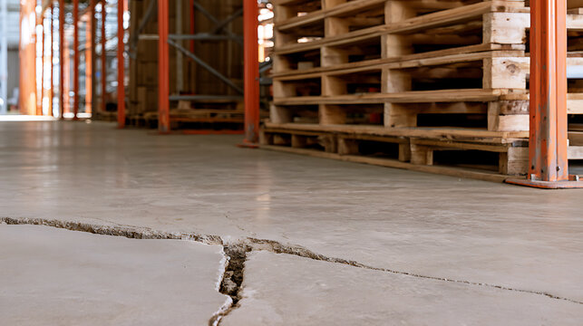 A large crack in the concrete floor of a warehouse storage facility with wooden pallets stacked on metal shelves in the background blurred out