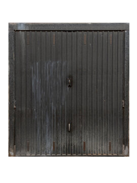 weathered dark grey corrugated steel overhead garage door with ventilation slots and central lock handle, perfect for industrial, architectural, or urban backgrounds.