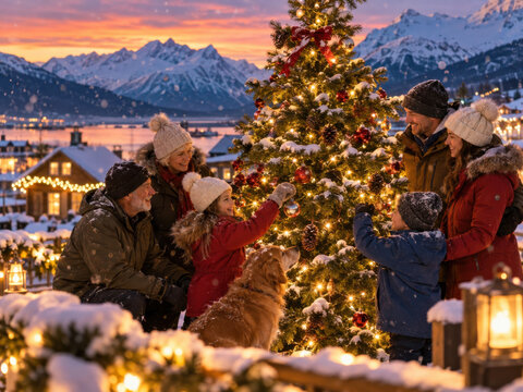 Familie schm&uuml;ckt Weihnachtsbaum in Alaska &ndash; Eltern, Gro&szlig;eltern und zwei Kinder feiern gemeinsam im Schnee mit Hund, Lichtern und Geschenken vor beeindruckender Bergkulisse.