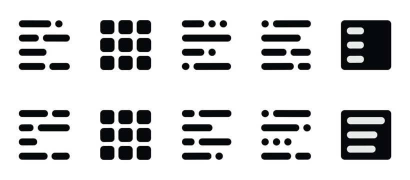Set of clean minimalist line art interface icons representing text alignment grid layout document formatting and list view navigation options