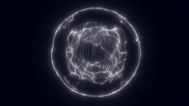 Glowing plasma sphere ripples with luminous filaments suspended inside bright circular boundary. Abstract energy form shifts subtly, suggesting charged particles and magnetic fields in dark space.