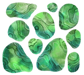 Set of isolated organic watercolor shapes in emerald green and jade tones featuring dark wavy line patterns resembling malachite stone texture. © Yuliya