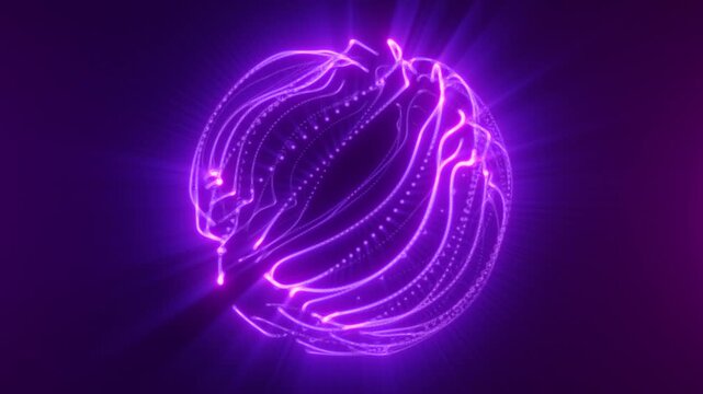 Violet energy sphere slowly turns as flowing neon lines wrap around its surface and cast bright rays. Dynamic abstract energy visualization creates futuristic digital light effect.