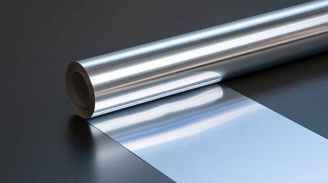 A sleek roll of metallic silver foil unrolling smoothly on a dark reflective surface, showcasing a shiny finish and industrial design look