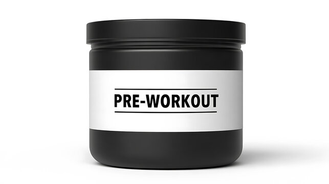 Blank black container with pre-workout supplement label for fitness and health product mockup design presentation in clean isolated style