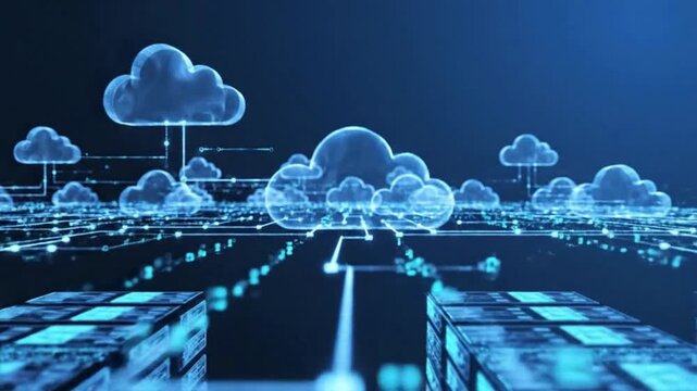 Cloud Computing Infrastructure. connected cloud servers, digital data transfer, network communication, distributed storage systems. futuristic technology motion background for cloud services.