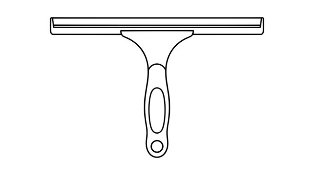 Window cleaning squeegee wiper tool with wide rubber blade, flared neck, contoured ergonomic handle, and round hanging hole, presented as a domestic hygiene black outline vector icon