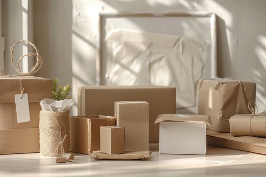 Sustainable cardboard boxes and eco-friendly shipping packages, brown paper parcels for small business delivery, rustic mailer boxes with twine