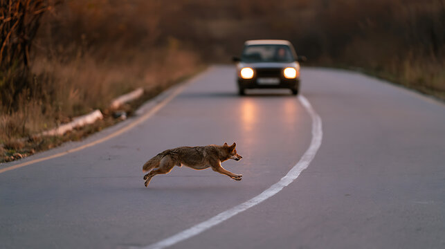 A wild coyote, Canis latrans, dashes across a paved road in front of an oncoming automobile with bright headlights in the evening light