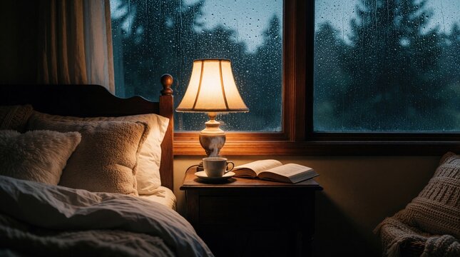 Cozy bedroom interior at night with warm lamp light. Person rests in comfortable bed near window with rain drops. Open book, hot cup of coffee on bedside table create calm atmosphere for reading,