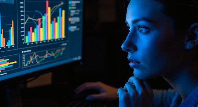 Woman reviews financial charts on a computer monitor during a late-night work session