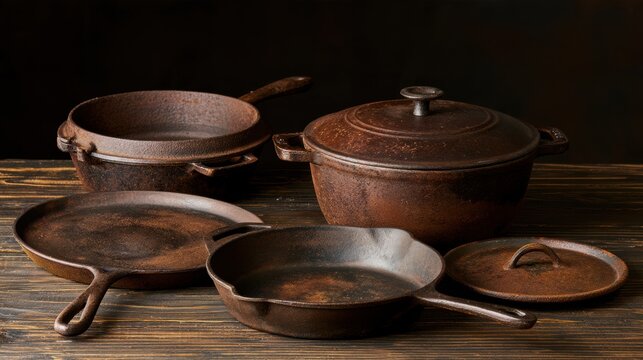 Five cast iron pieces are placed on a dark wood surface, illuminated by warm amber side light. This setup suggests a family heirloom cookware concept.