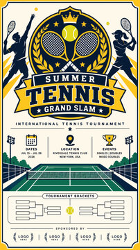 Retro summer tennis grand slam tournament vector poster featuring players rackets and court design