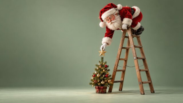 Santa on a tall ladder decorating a tiny Christmas tree
