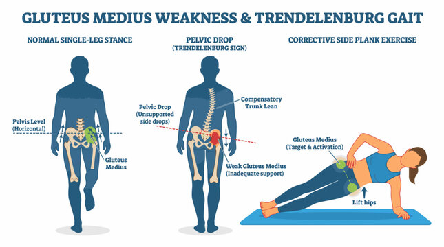 Gluteus Medius Weakness & Trendelenburg Gait illustration showing normal single leg stance, pelvic drop, and corrective side plank exercise.
