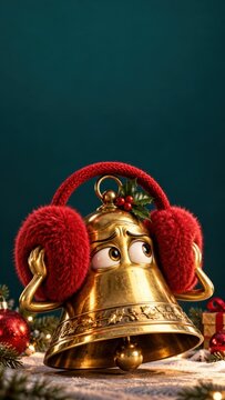 Golden Christmas bell character wearing red earmuffs