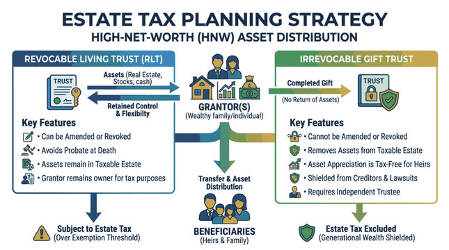 Estate tax planning strategy graphic showing high-net-worth asset distribution through revocable living trust and irrevocable gift trust.