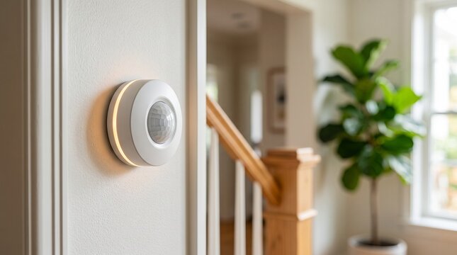 Things that help in a person's life. A circular motion sensor night light glows on a wall near a wooden staircase.