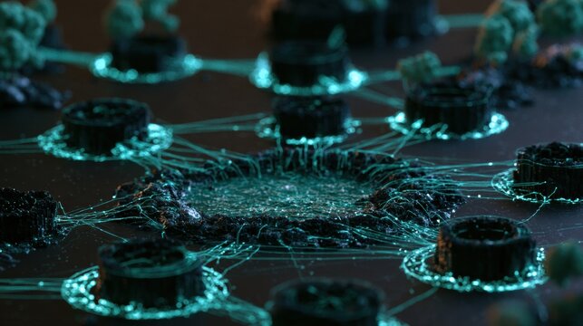 Visual representation of data systems as dark islands linked by teal streams. A central data lake forms amidst the connections.