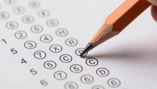 Close-up of a pencil filling in a bubble on a test answer sheet