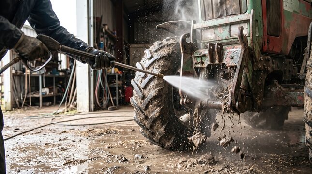 Agricultural Equipment Pressure Washing in Maintenance Shed