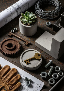 Succulent plant, key, gear, gloves, and hardware arranged on a workbench