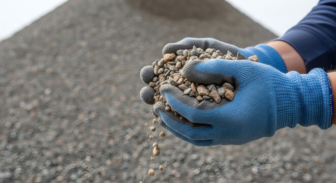 Blue gloved hands hold and sort small stones above a gravel pile at an outdoor work site