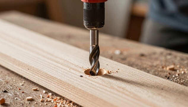 Close-up of a drill bit boring a hole into a wooden plank with sawdust flying