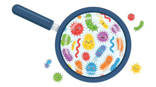 Magnifying glass viewing colorful bacteria and virus microbes