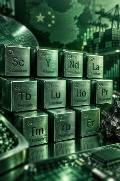 Engraved Cubes Depicting Rare Earth Elements and Lanthanides, Showcasing Atomic Numbers and Chemical Symbols for Geopolitical and Technology Applications.